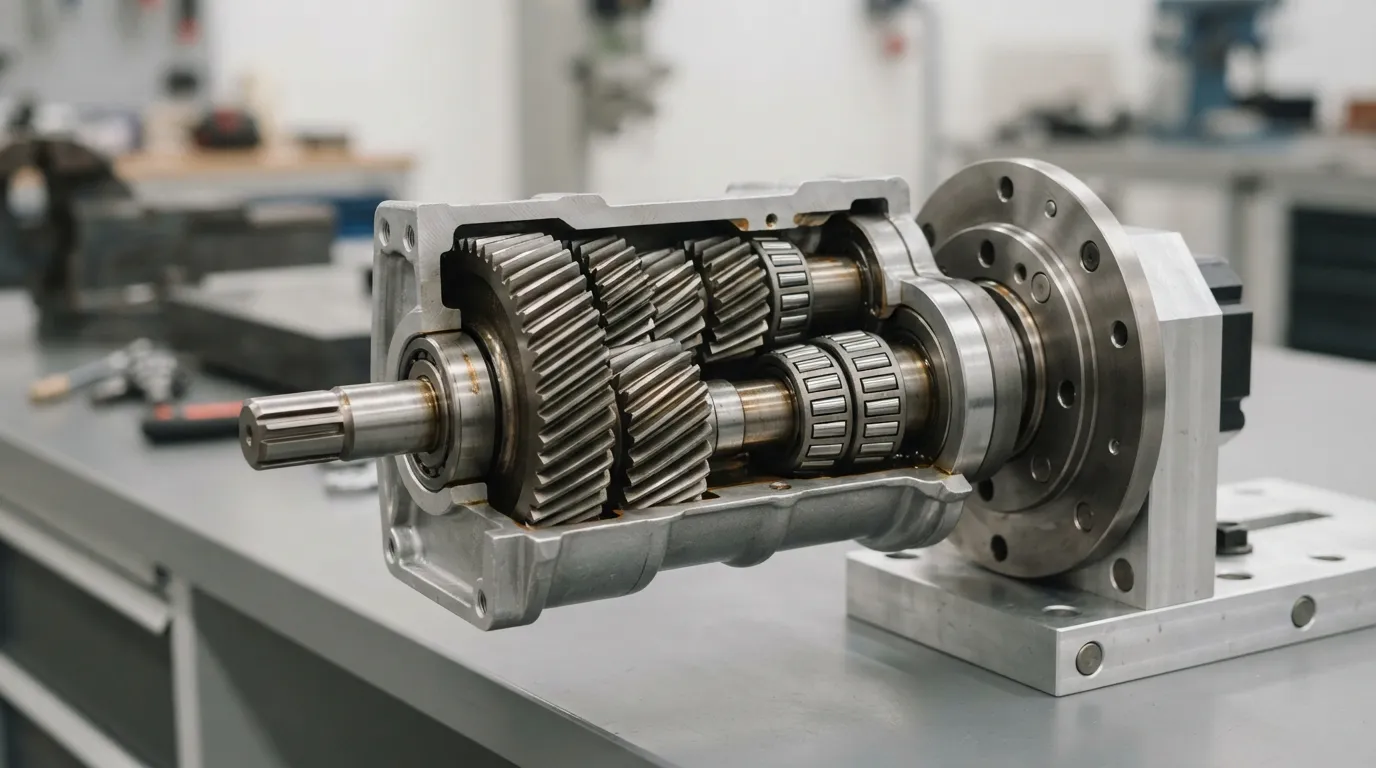 Découpe d’un moteur à engrenages hélicoïdal montrant des engrenages internes et une bride de montage personnalisée.