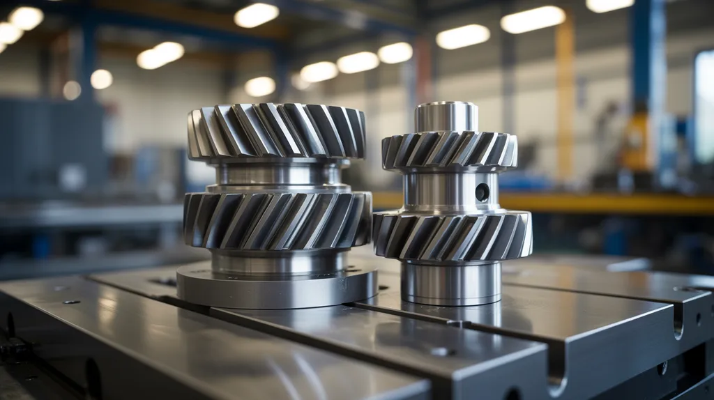 Engrenages en acier hélicoïdal usiné à côté d’un boîtier de boîte de vitesses sur une table de machine CNC