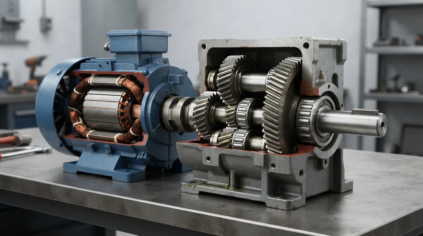 Moteur industriel à engrenages découpés montrant un moteur électrique, Engrenages internes et arbre de sortie