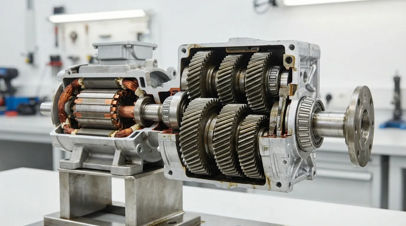 Vue en coupe d’un moteur à engrenages hélicoïdal montrant le moteur et la boîte de vitesses connectés en une seule unité.