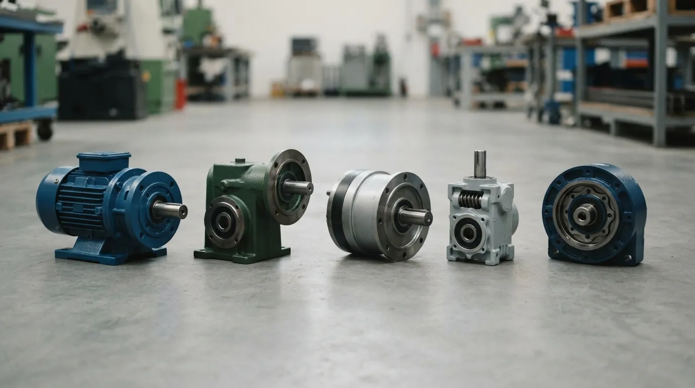 Gamme de cinq unités d’engrenages industrielles sur un sol d’atelier, y compris un moteur à engrenages hélicoïdal, Boîte de vitesses à angle droit, Réducteur planétaire, Moteur à vis sans fin et réducteur cycloïdal.