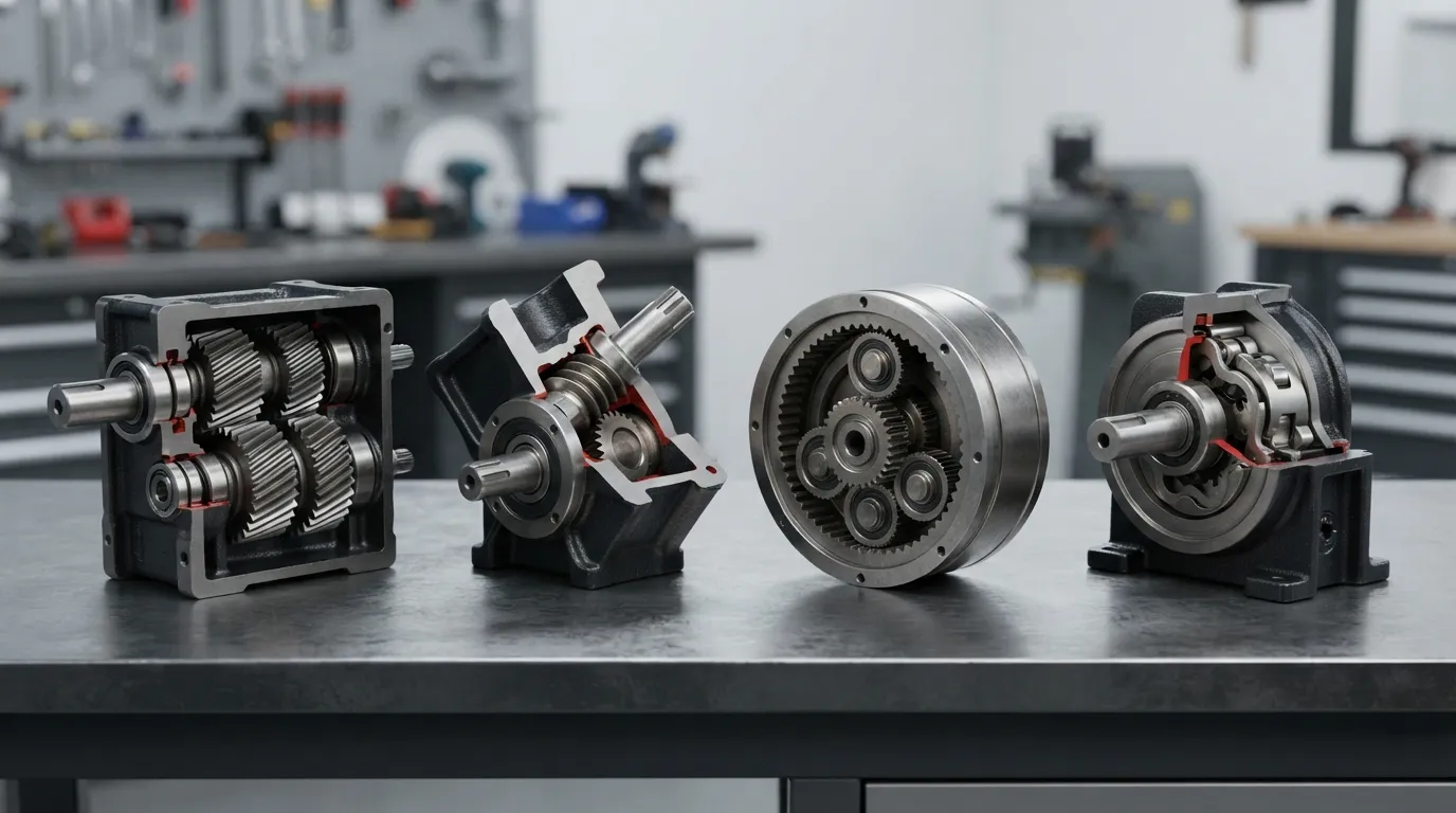 Quatre types de boîtes de vitesses industrielles présentés côte à côte pour comparaison